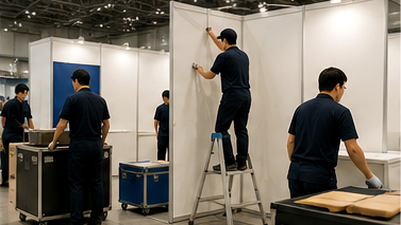 展示会ブースの設営を行うスタッフの写真