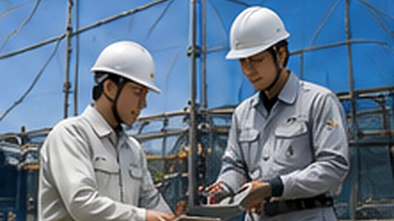 建設現場で工程を確認する作業スタッフ
